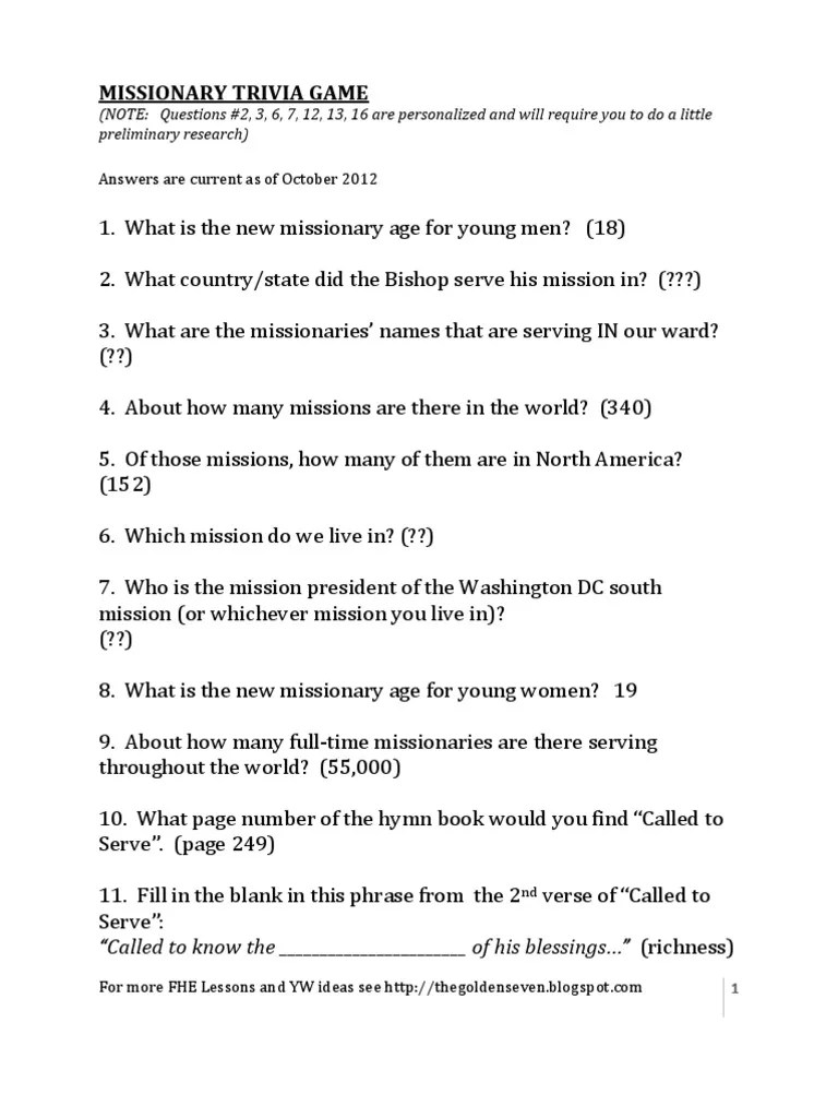 Related quizzes can be found here: Lds Missionary Trivia Game Pdf Missionary Lds Church Latter Day Saint Movement