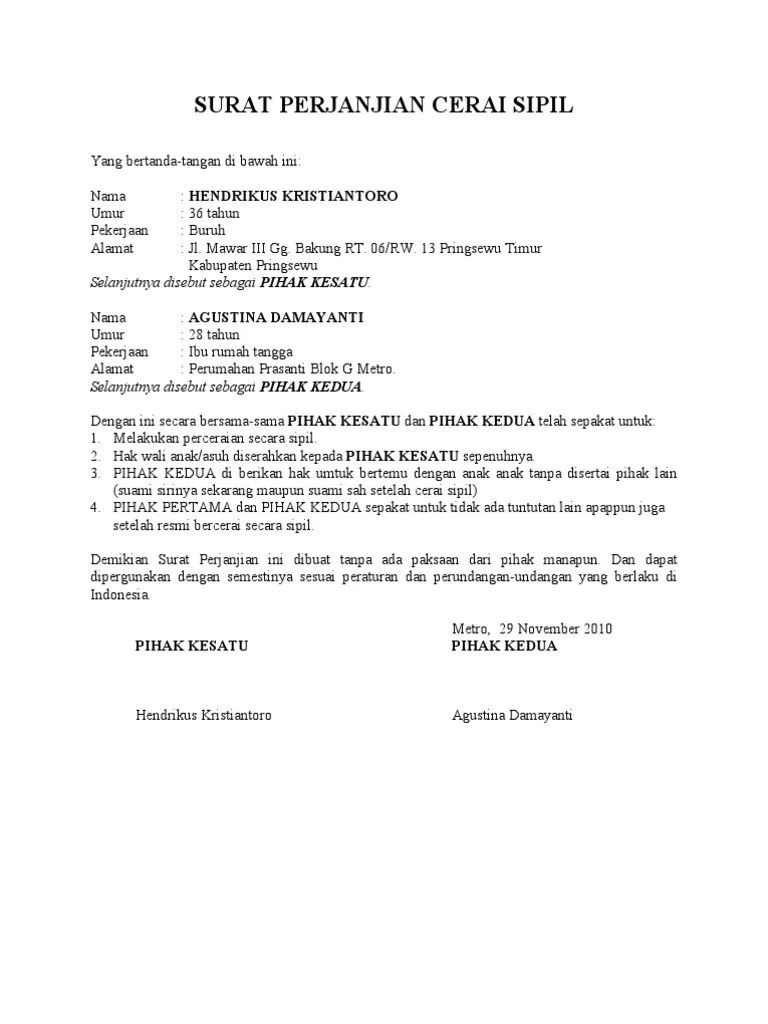Bahwa saya telah digugat dalam perkara perceraian oleh suami/isteri saya : . Surat Perjanjian Cerai Pdf