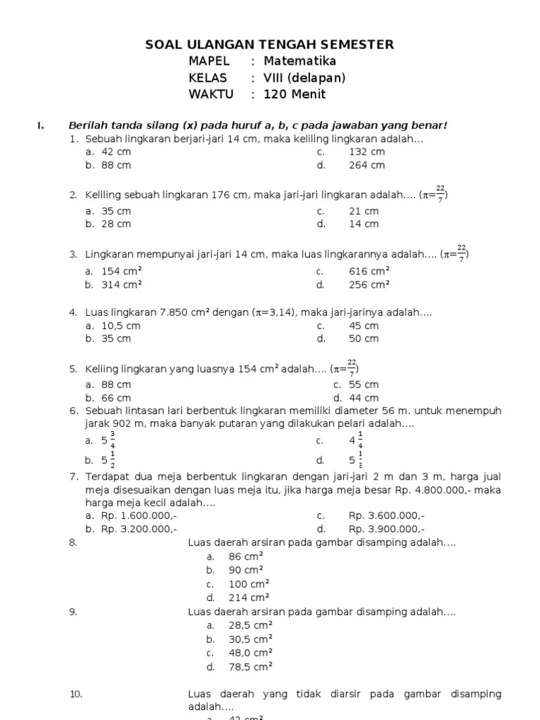 Jika sebuah lingkaran memiliki panjang diameter 28 cm. Soal Matematika Sd Pdf