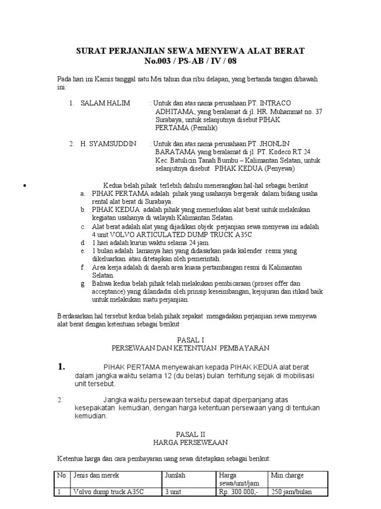 Contoh Surat Perjanjian Jual Beli Alat Berat Kumpulan Surat Penting 