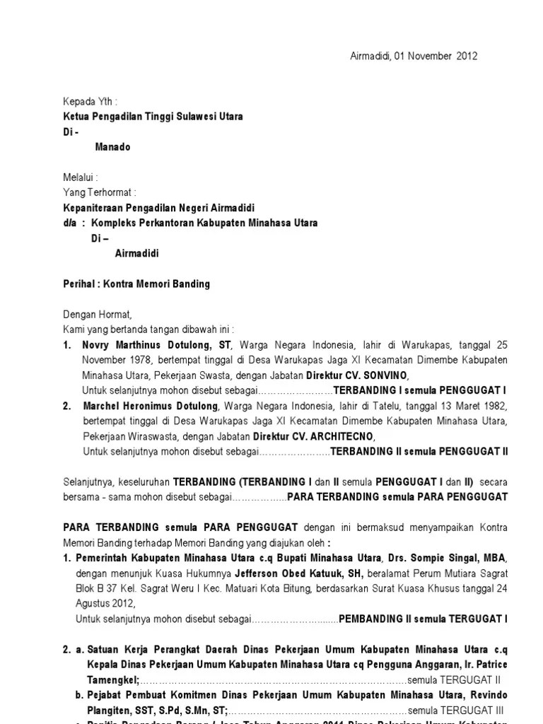 Dan mencatat permohonan kasasi tersebut dalam register induk perkara perdata dan . Contoh Surat Kuasa Terbanding Perdata Contoh Surat