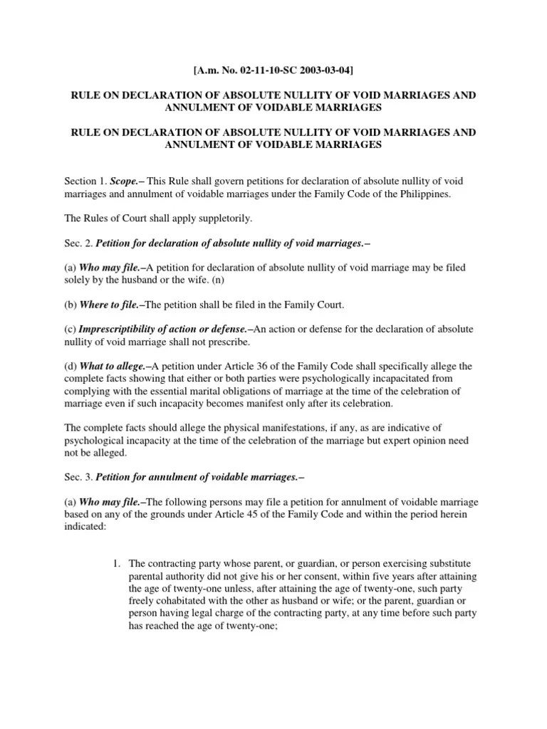 Rule On Declaration Of Absolute Nullity Of Void Marriages And Annulment Of Voidable Marriages ...