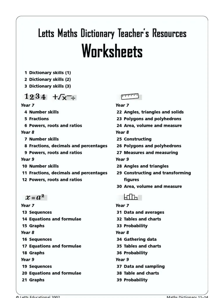 ks3 maths dictionary worksheets pdf fraction mathematics triangle