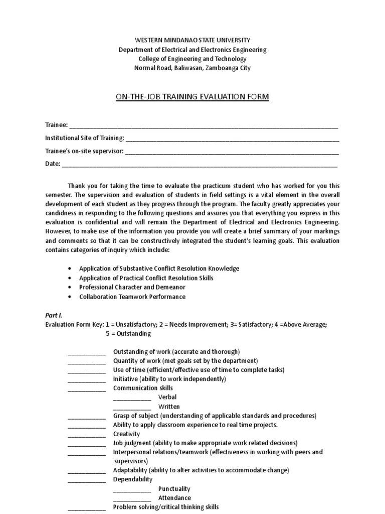 Ojt Evaluation Form For Supervisor Evaluation Thought