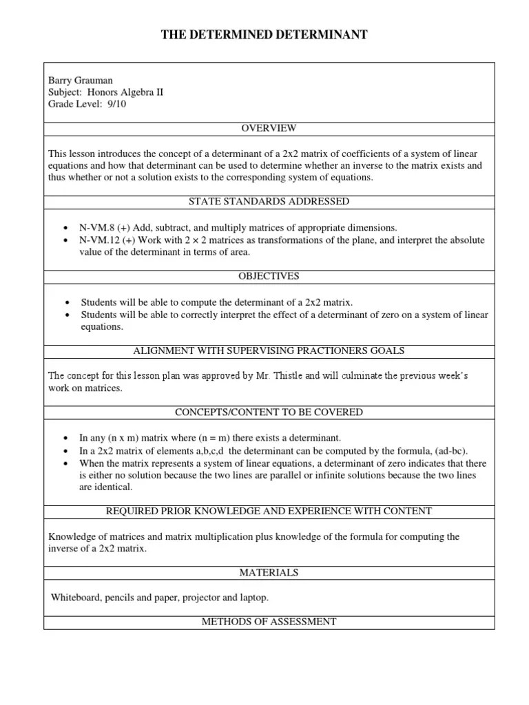 Determinant Lesson Plan | PDF | Determinant | Matrix (Mathematics)