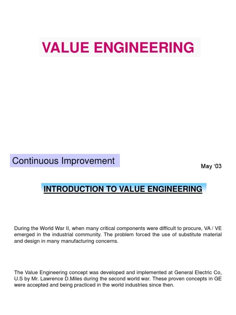 Value Engineering Reliability Engineering Engineering