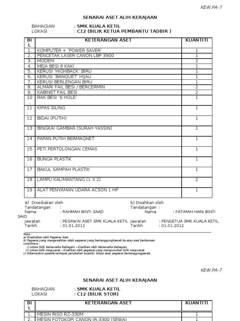 Pa 7 senarai aset alih kerajaan bahagian 2. Borang Kew Pa 7 Ukm