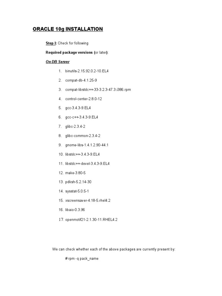 Oracle 10G Installation: Step I: Check For Following Required Package ...