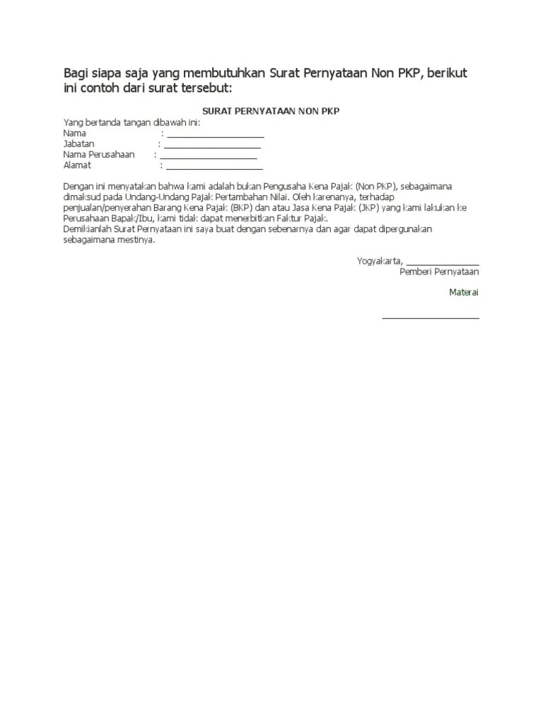 Contoh Surat Pernyataan Non Pkp Contoh Surat Identitas pengusahaperusahan Non PKP yang.