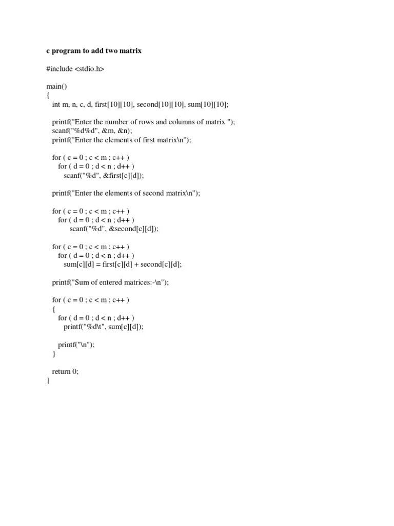 C Matrix Programs | PDF | Matrix (Mathematics) | Matrix Theory
