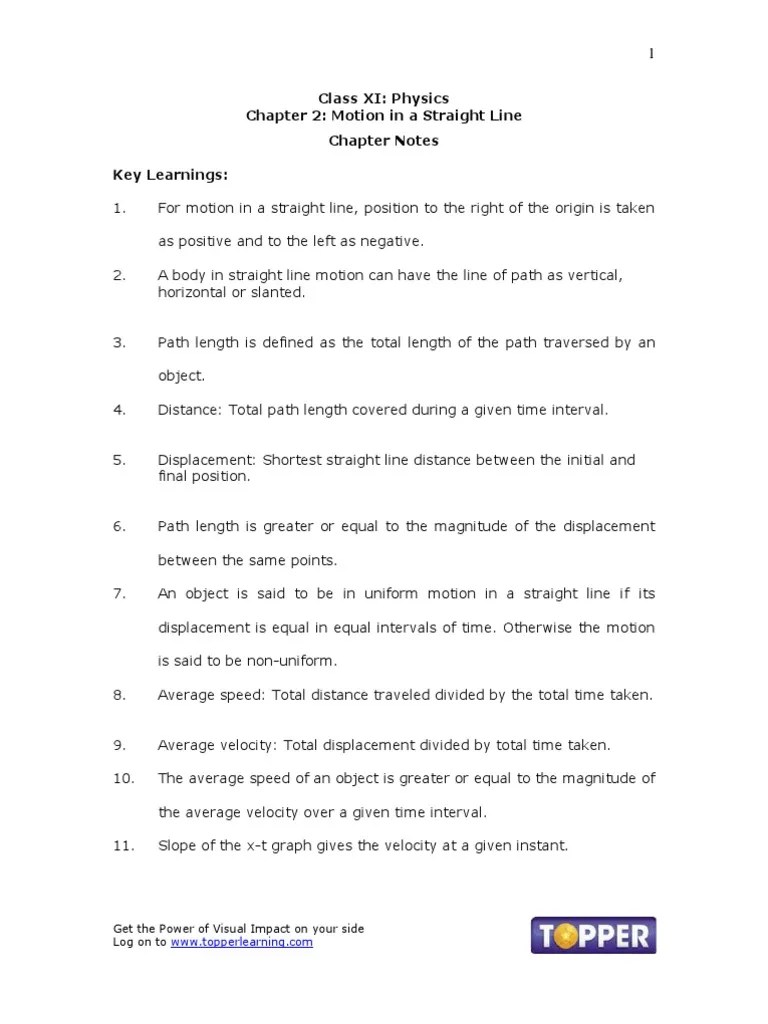 Class XI: Physics Chapter 2: Motion In A Straight Line Chapter Notes ...