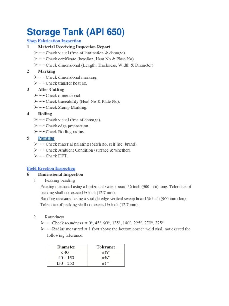Inspection Of Storage Tank API - 650 | PDF | Welding | Construction