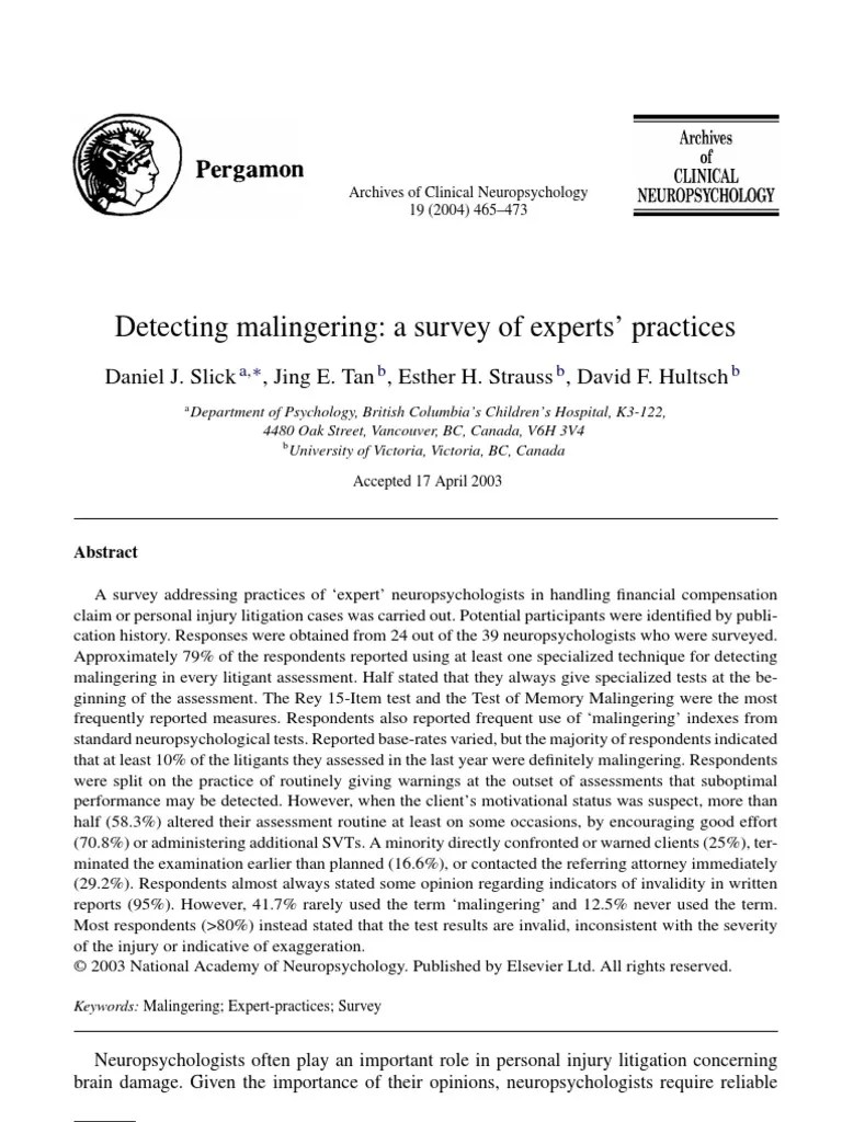 Detecting Malingering | PDF | Psychological Evaluation | Daubert Standard
