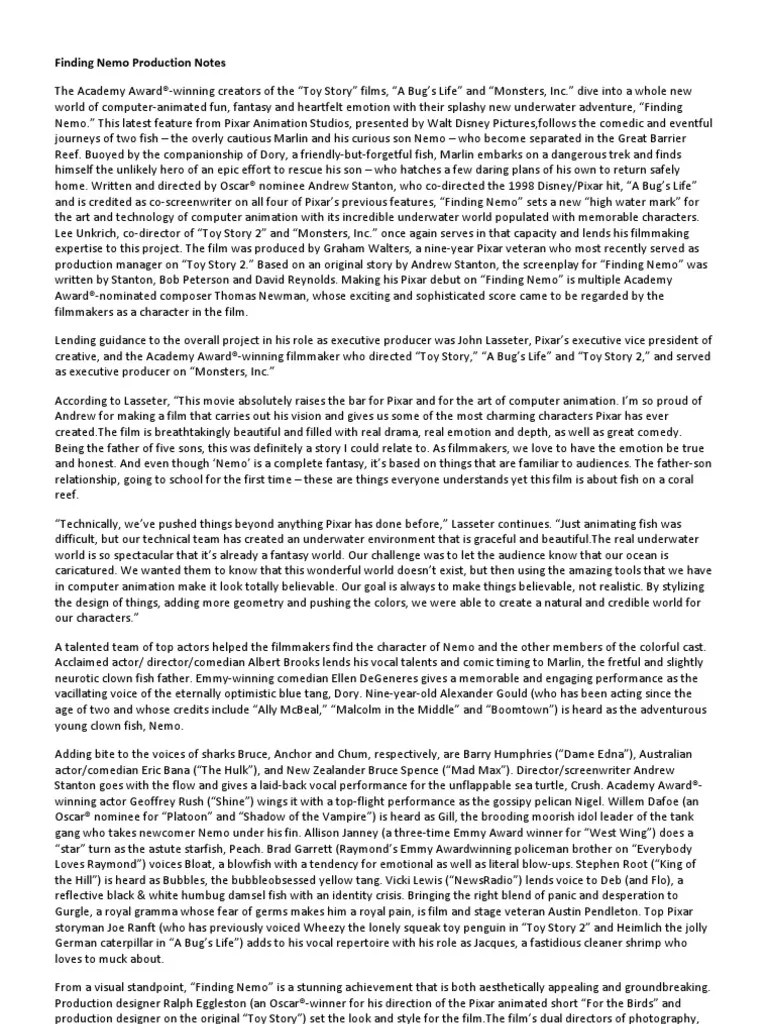 Finding Nemo Production Notes | PDF | Pixar | Leisure