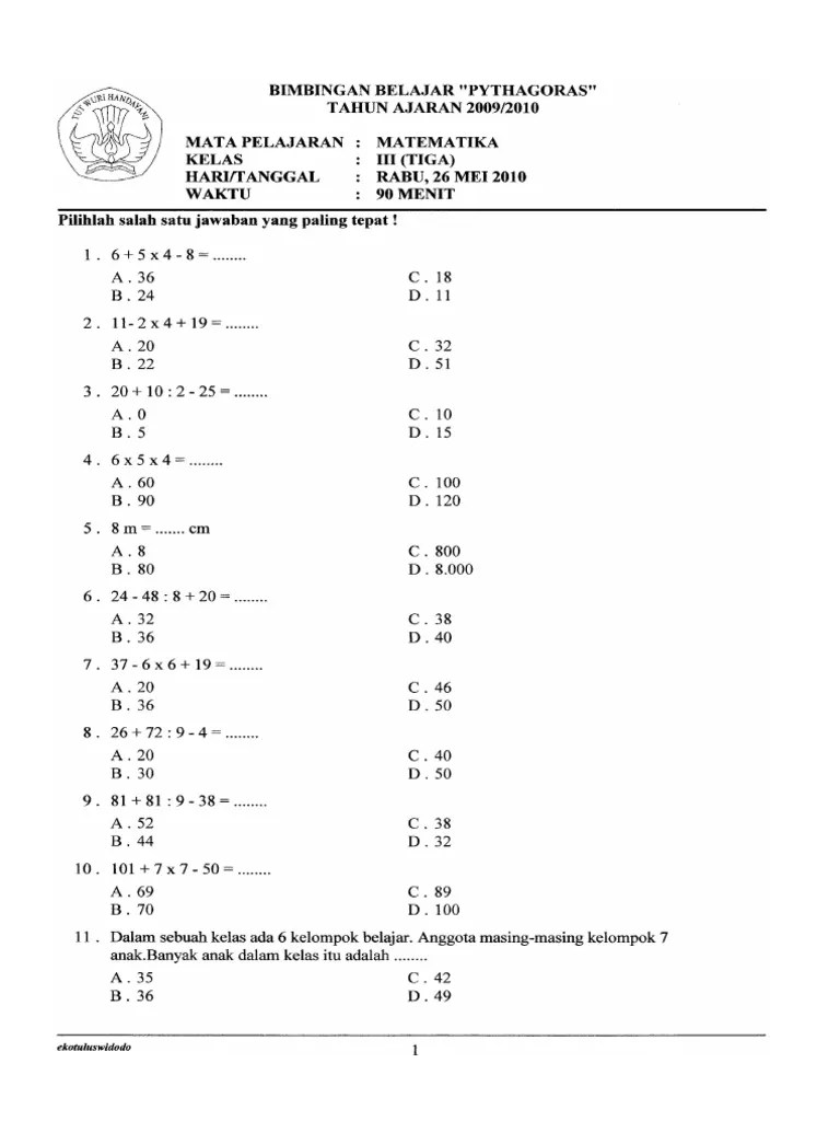 Previous post soal uts bahasa inggris kelas viii 8 genap. Soal Matematika Sd Kelas 3 Semester 2 Pdf