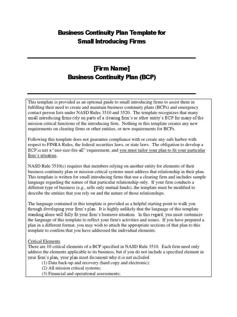 Business Continuity Plan Template Financial Industry Regulatory Authority Securities Finance