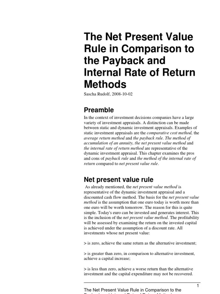 NPV Rule In Comparison To Payback And IRR Methods | Download Free PDF ...