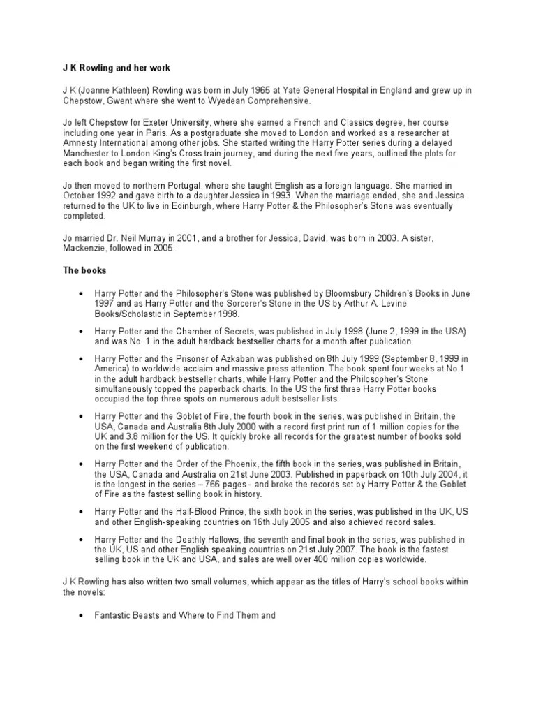 J K Rowling And Her Work | PDF | J. K. Rowling | Harry Potter