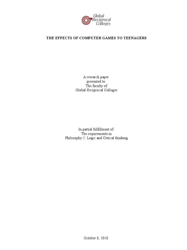 Effects Of Computer Games To Teenagers | PDF | Adolescence | Video Games