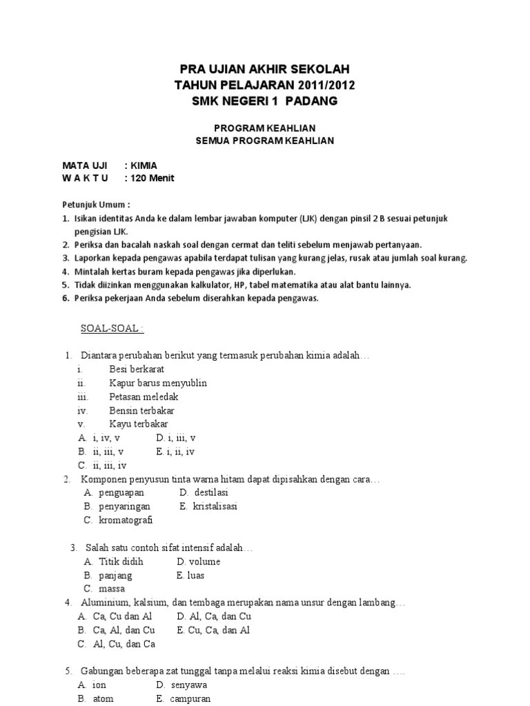 Kisi kisi usbn smk kimia. Soal Kimia Smk Pdf