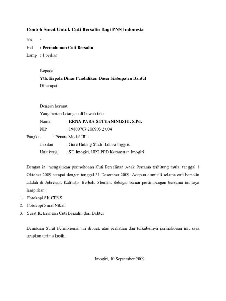 Kami bagikan contoh surat izin pns atau asn format resmi secara gratis dan lengkap mencakup : Surat Permohonan Cuti Melahirkan Bagi Pns Klaten Bb