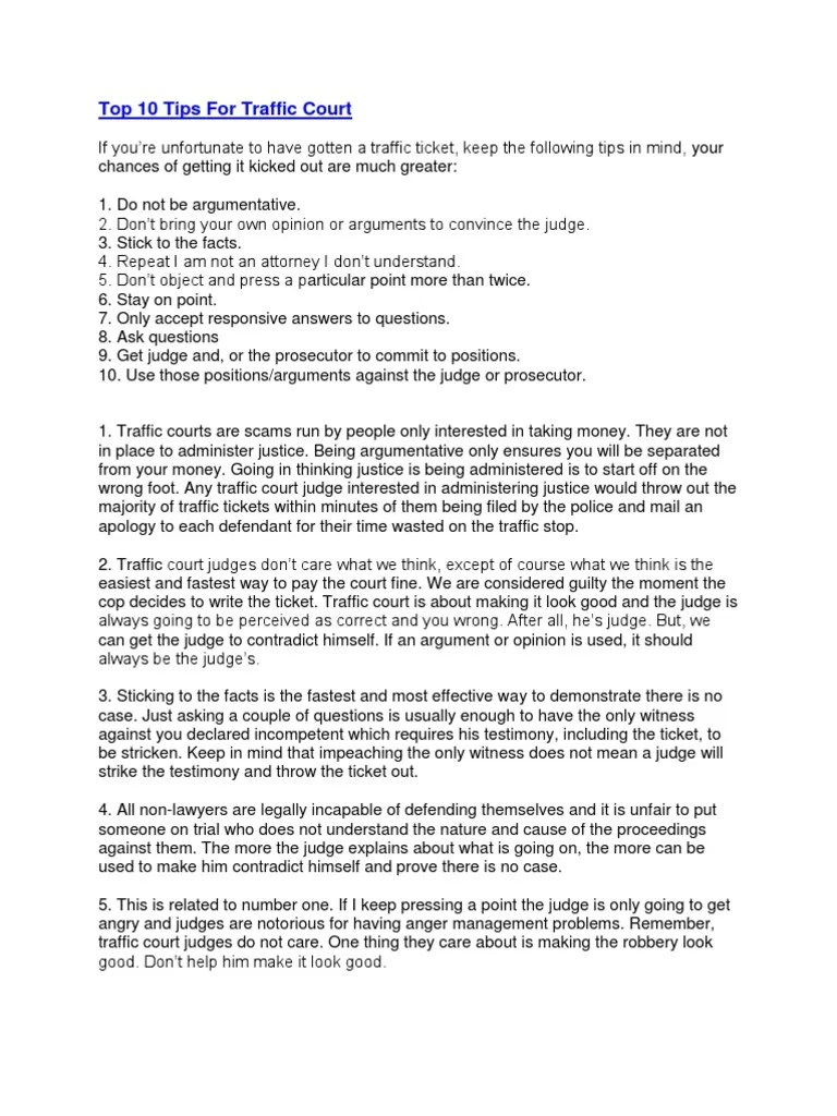 Top 10 Tips For Traffic Court | PDF | Witness | Traffic Ticket