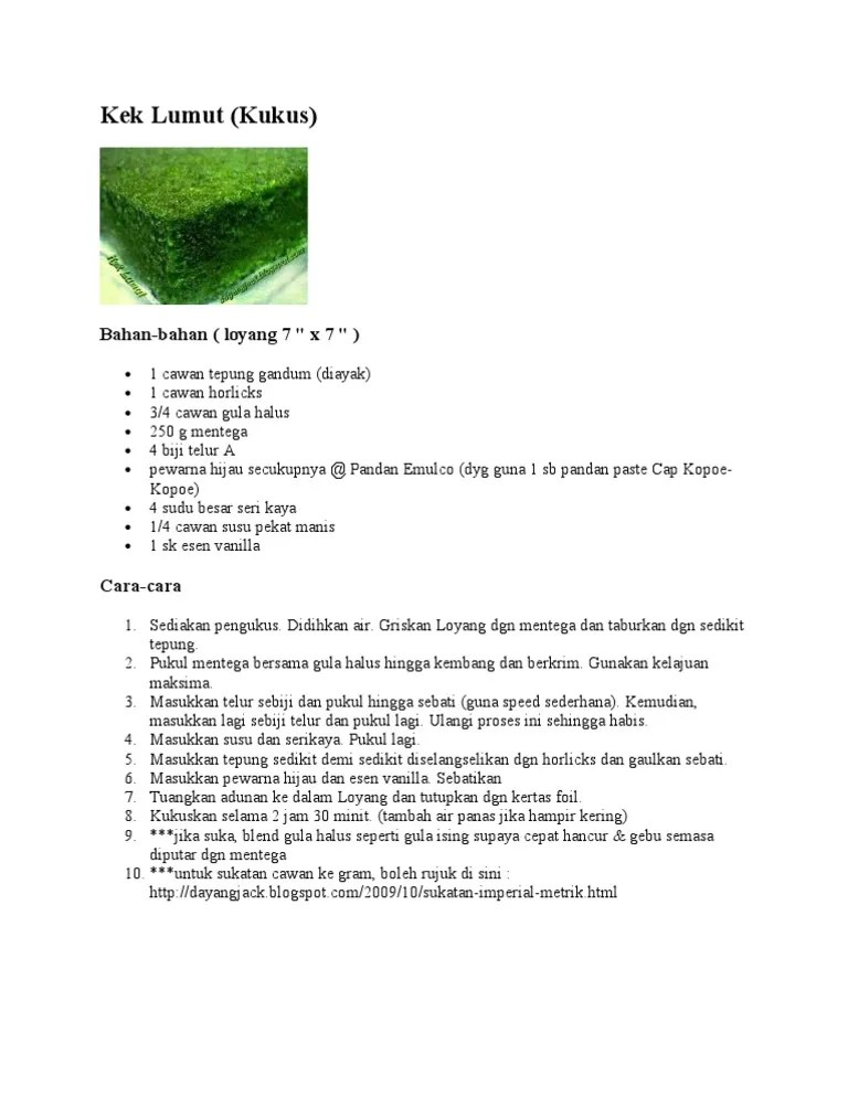 Ataupun susu tepung bancuh dengan air je. Kek Lumut Pdf