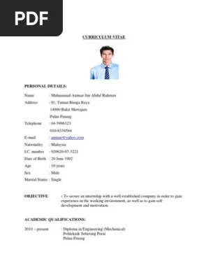 Resume ini saya gunakan untuk pemohonan latihan industri. Contoh Resume Untuk Latihan Industri Pdf Further Education Languages