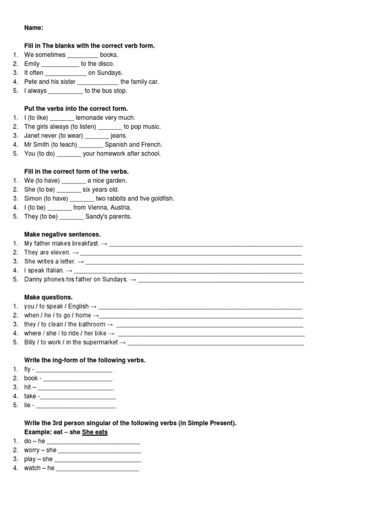 Verb Forms And Tenses Practice: A Comprehensive Exercise In Transforming Verbs And Sentences ...