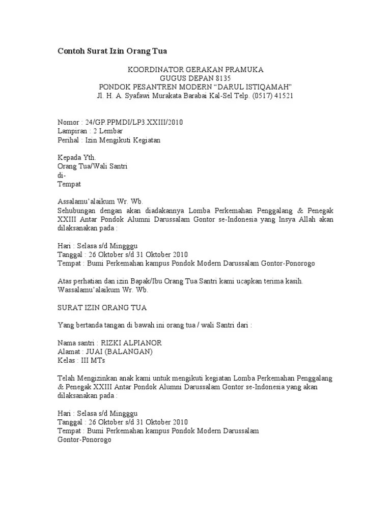 Surat izin orang tua ini merupakan surat yang menyatakan pemberian izin dari orang tua kepada anak. Contoh Surat Izin Orang Tua