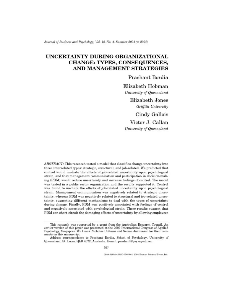 Managing Uncertainty During Organizational Change: A Model Exploring The Different Types Of ...