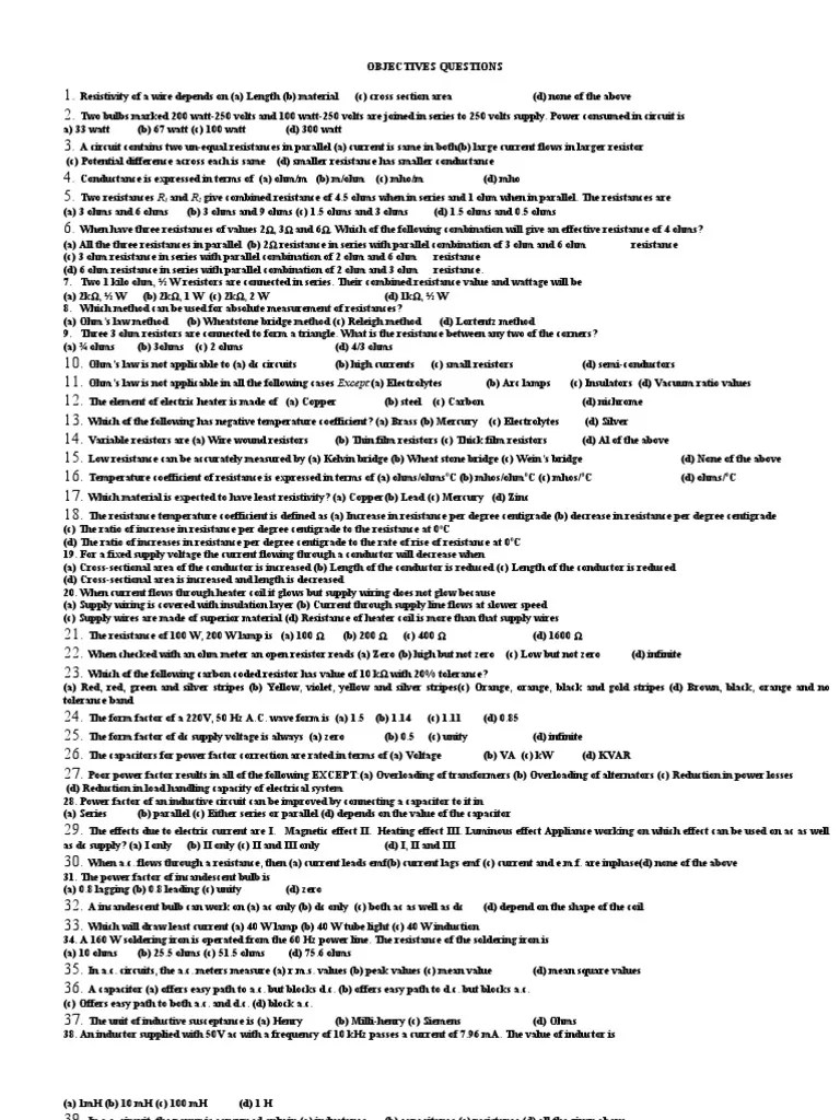 Objectives Questions Electric Circuits Inductor Series