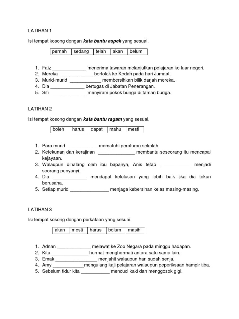 Tahun 3 | bahasa melayu | tatabahasa: Latihan Kata Bantu Pdf