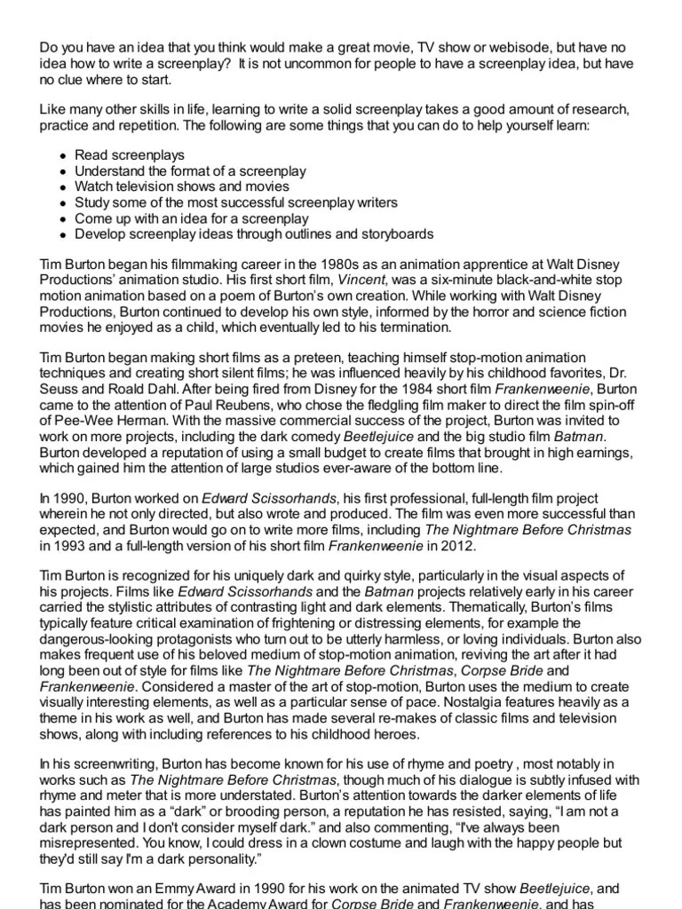 How To Write A Screenplay Like Tim Burton | PDF | Screenplay | Animation