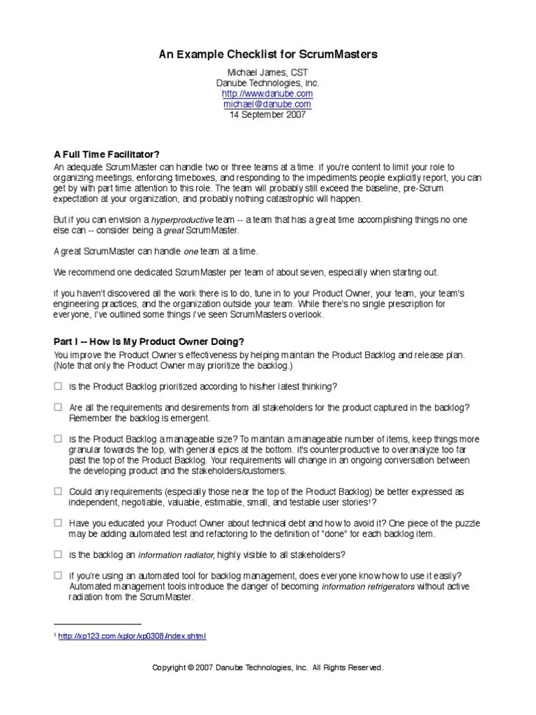 ScrumMaster Checklist | PDF | Scrum (Software Development) | Flow ...