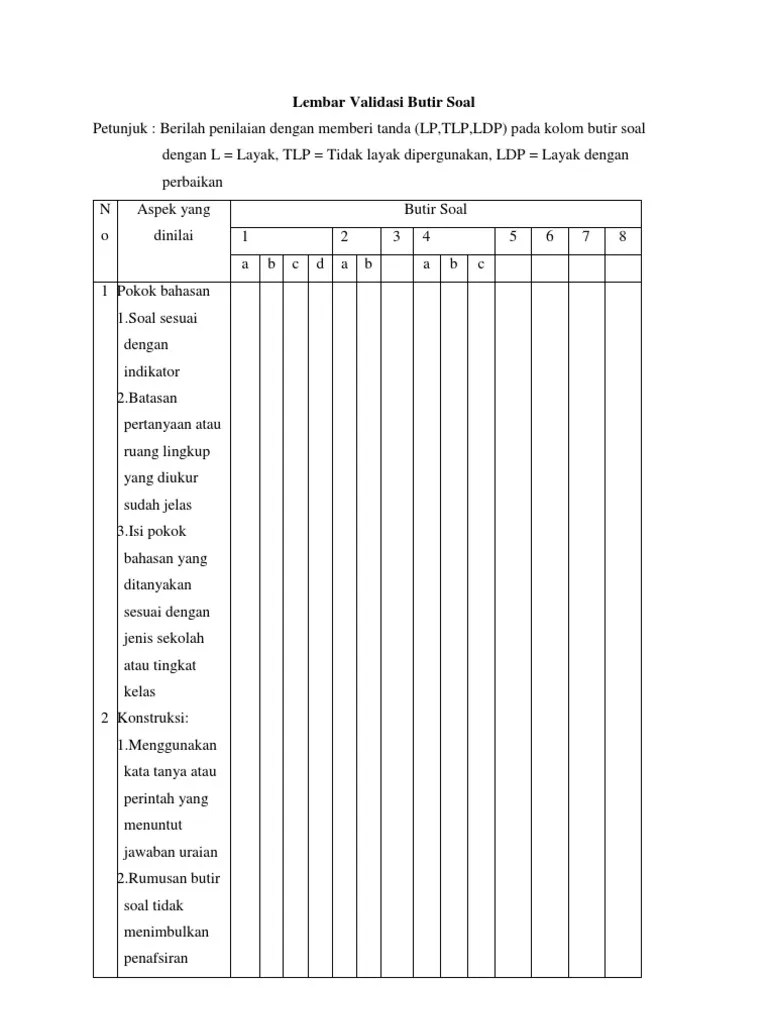 (validitas, reliabilitas, tingkat kesukaran, daya beda). Lembar Validasi Butir Soal Pdf