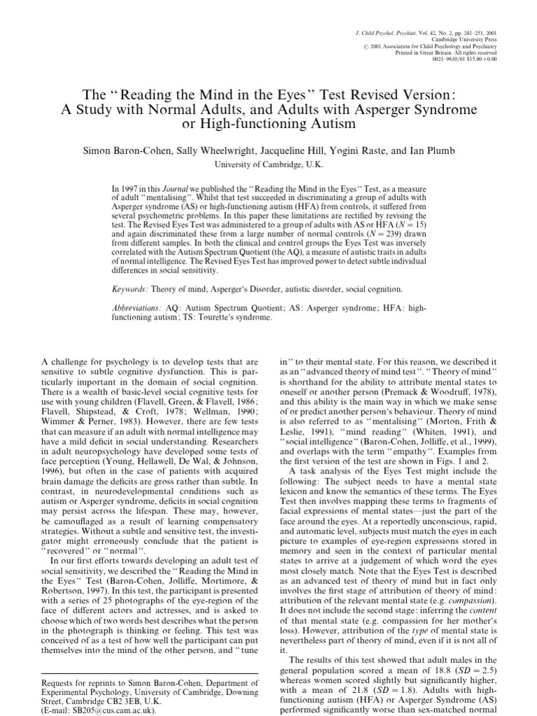 Baron-Cohen, Et Al 2001, Reading The Mind | PDF | Theory Of Mind | Autism
