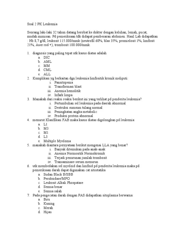 Kasus rawatan anak dengan all di rsup dr. Soal Pk Leukemia Pdf