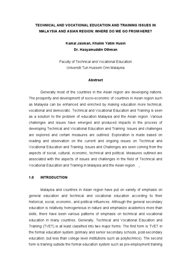 Technical And Vocational Education And Training Issues In Malaysia And Asian Region: Where Do We ...