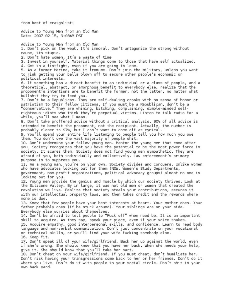 Advice To Young Men From An Old Man | PDF | Love | Psychology