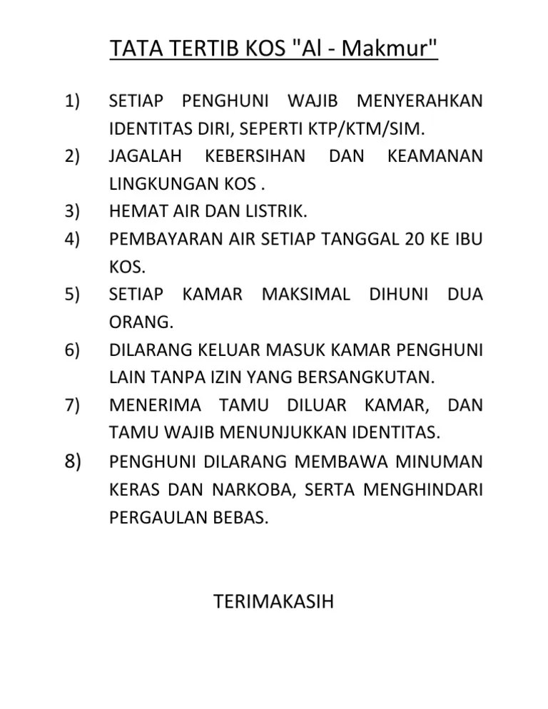 Dengan ini menyetujui tata tertib kost sebagai berikut:1. Tata Tertib Kos Pdf