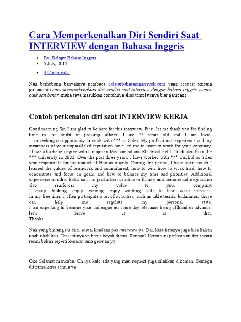 Pernah menghadiri sebuah interview kerja sebelumnya? Cara Memperkenalkan Diri Sendiri Saat Interview Dengan Bahasa Inggris Pdf