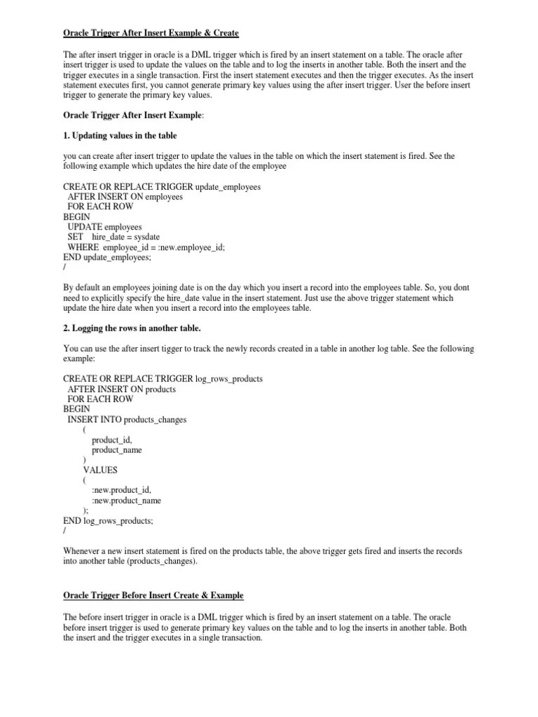 Oracle Trigger After Insert Example | PDF | Pl/Sql | Information Retrieval
