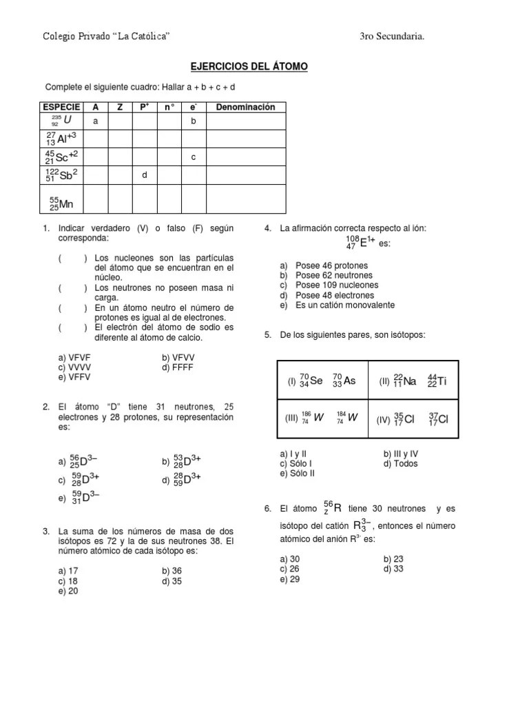 Ejercicios Del Átomo | PDF | Neutrón | Protón