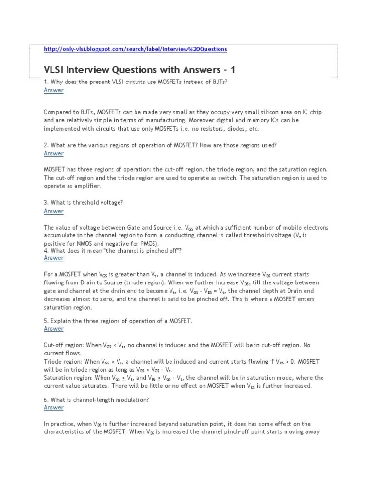 VLSI Interview Questions With Answers | PDF | Mosfet | Field Effect ...