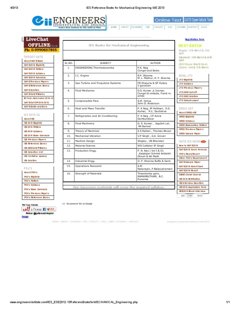 IES Reference Books For Mechanical Engineering ME 2013 | PDF | Mechanical Engineering | Applied ...