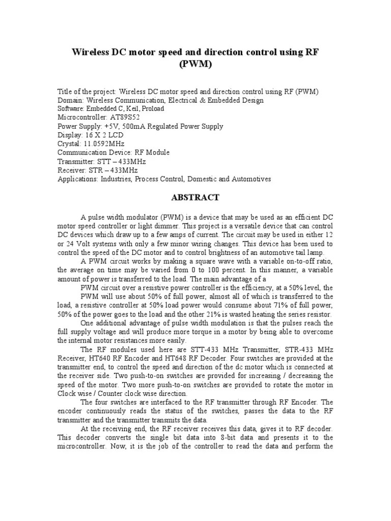 Wireless DC Motor Speed And Direction Control Using RF | PDF | Power Supply | Power (Physics)