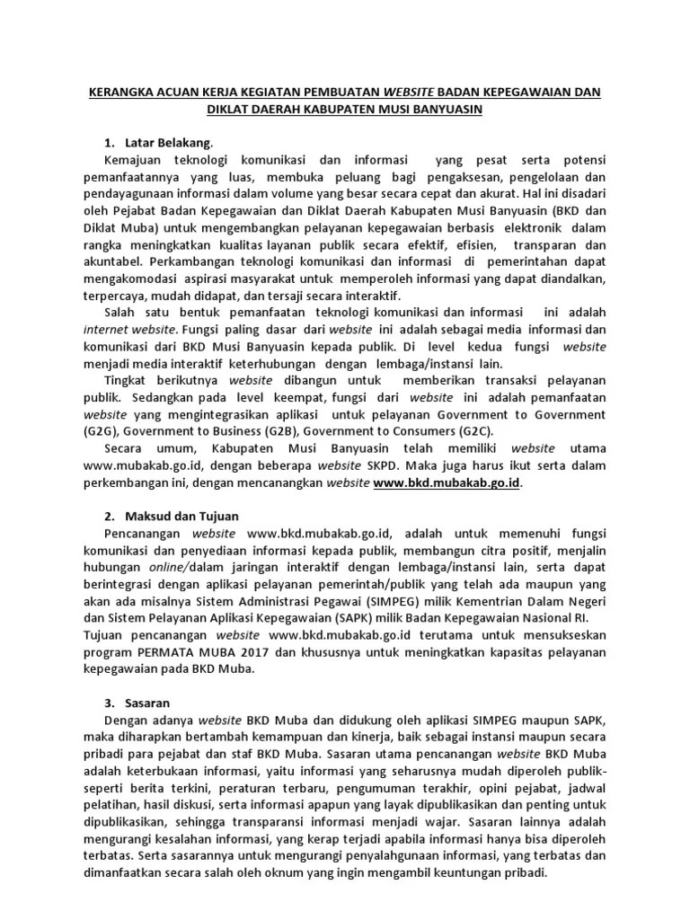 Pengkajian ulang rencana umum pengadaan. Kerangka Acuan Kerja Kegiatan Pembuatan Website Bkd Musi Banyuasin Pdf