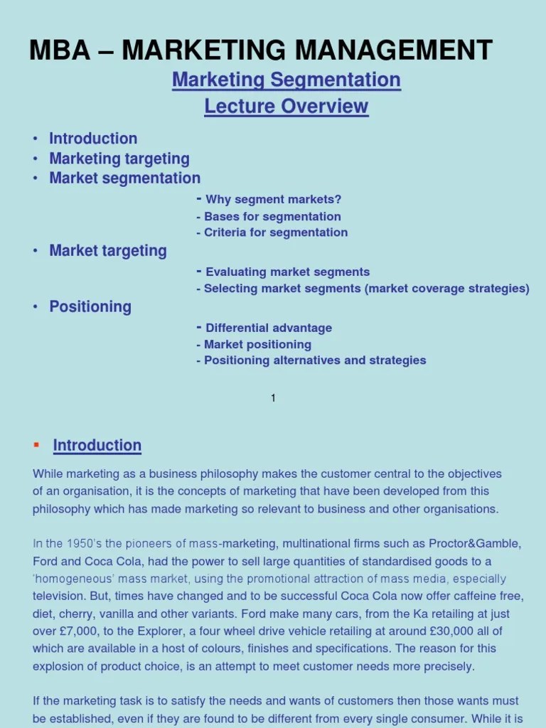 Lecture 4 MBA - MARKETING MANAGEMENT - Marketing Segmentation | PDF ...