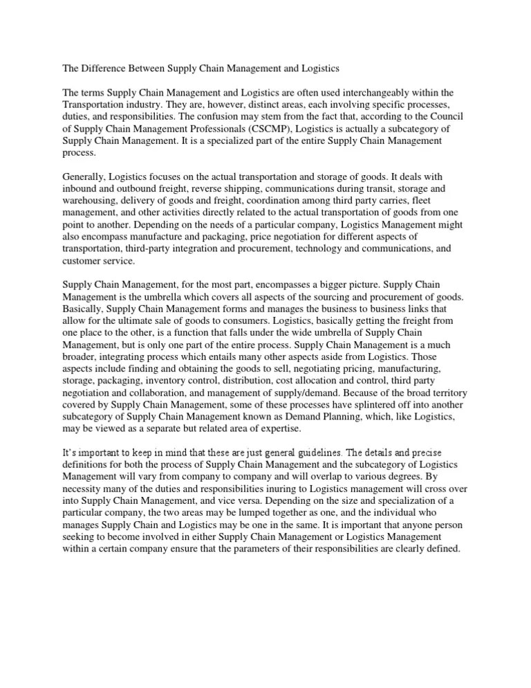 The Difference Between Supply Chain Management And Logistics | PDF | Logistics | Supply Chain ...